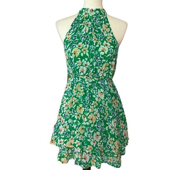 NWT Sienna Sky Green Floral Sleeveless High Neck Tiered Mini Dress - Size Small - Picture 1 of 13